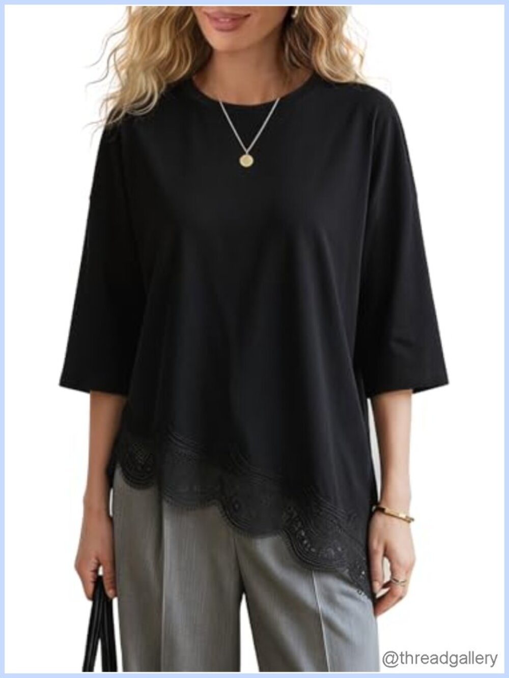 Womens Oversized Lace Trim Tunic Tee Half Sleeve Asymmetrical Hem Casual Top